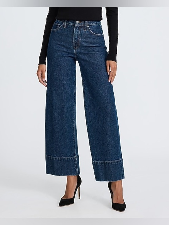 Express Denim - High Waisted Dark Wash Tall Hem Wide Leg Ankle Jeans